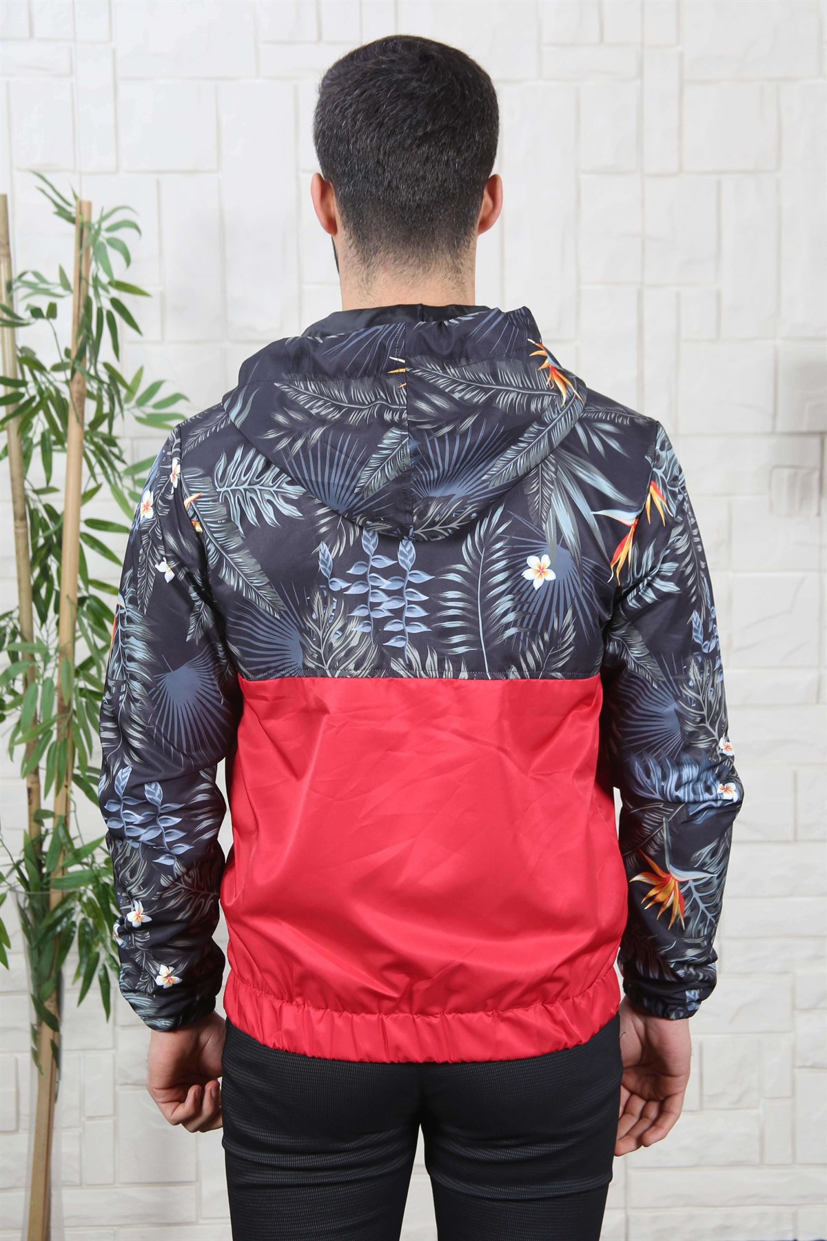 ERKEK ÇİÇEK DESEN KAPŞONLU ERKEK MEVSİMLİK MONT KIRMIZI KIRMIZI