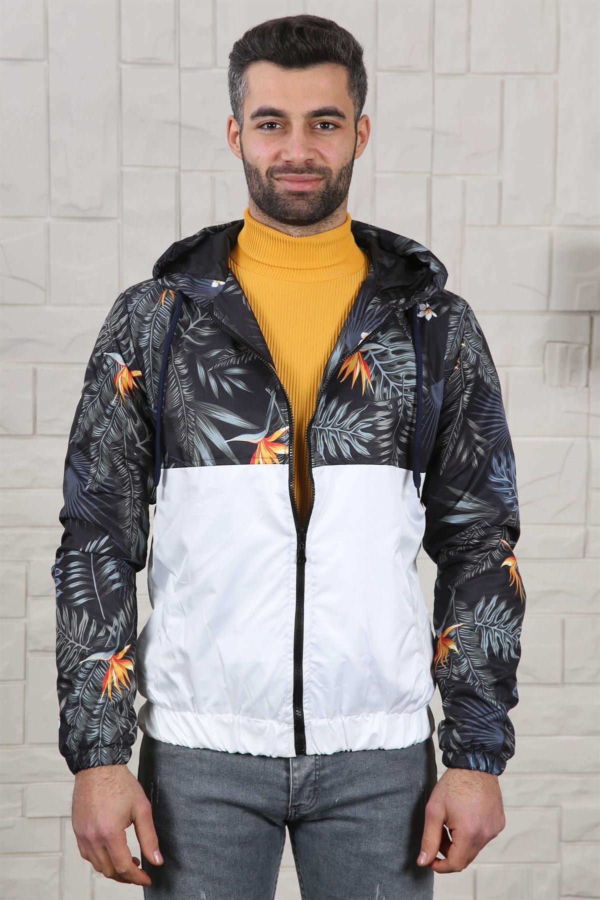 ERKEK ÇİÇEK DESEN KAPŞONLU ERKEK MEVSİMLİK MONT BEYAZ BEYAZ