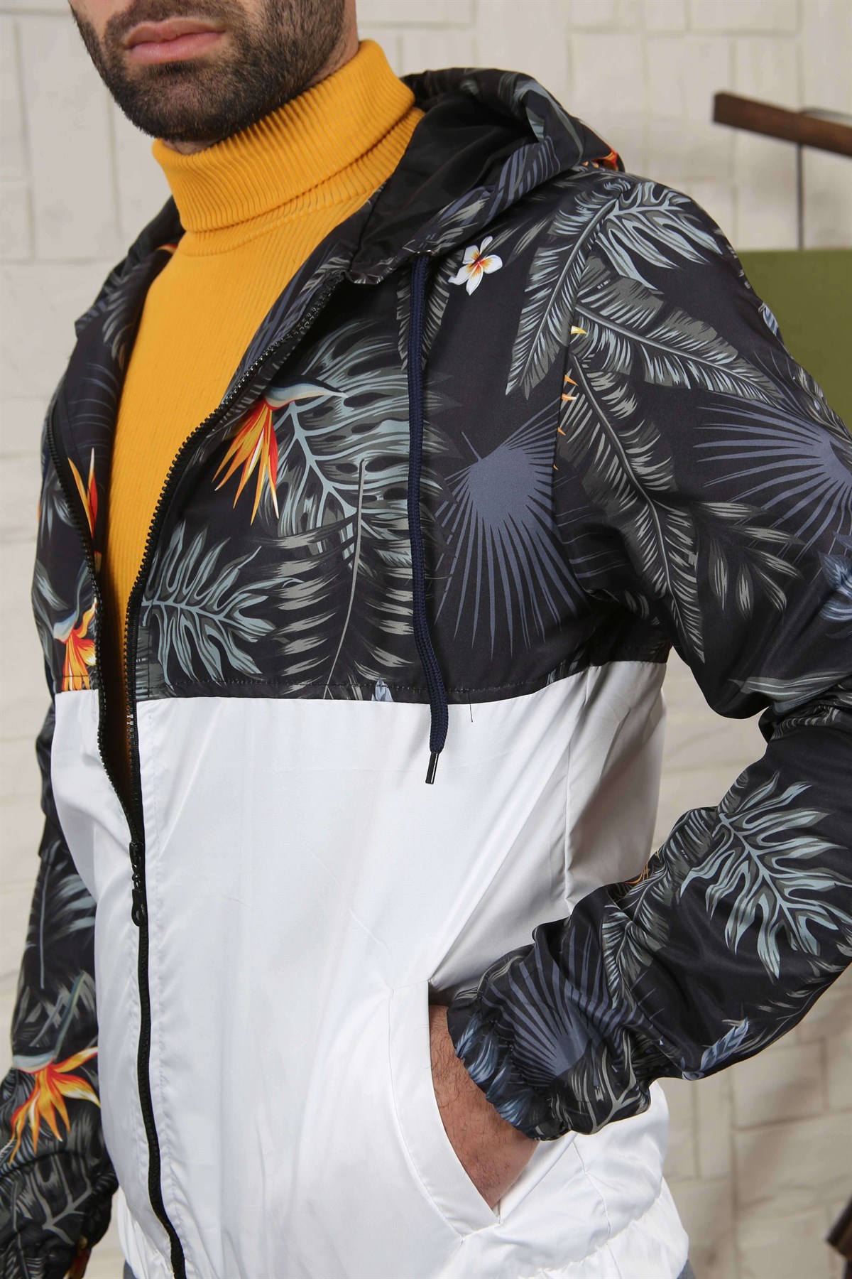 ERKEK ÇİÇEK DESEN KAPŞONLU ERKEK MEVSİMLİK MONT BEYAZ BEYAZ