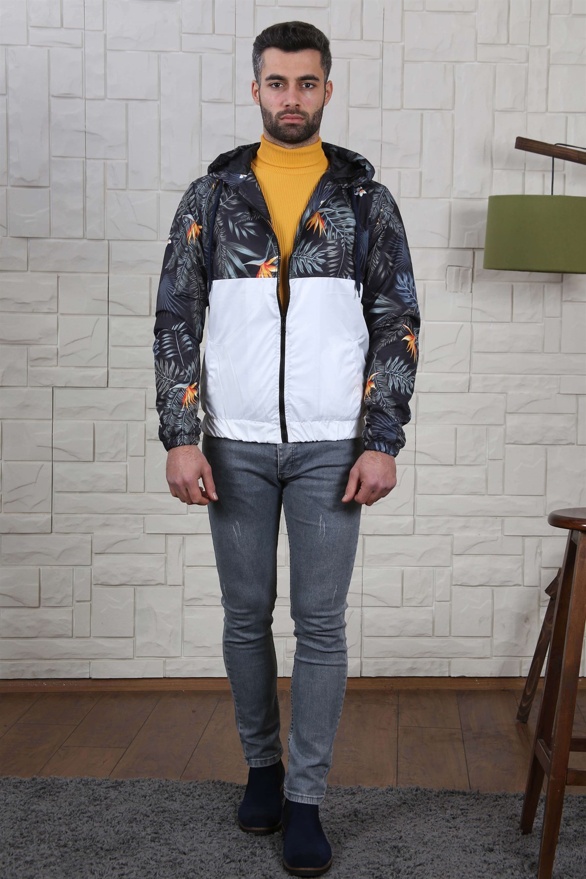 ERKEK ÇİÇEK DESEN KAPŞONLU ERKEK MEVSİMLİK MONT BEYAZ BEYAZ