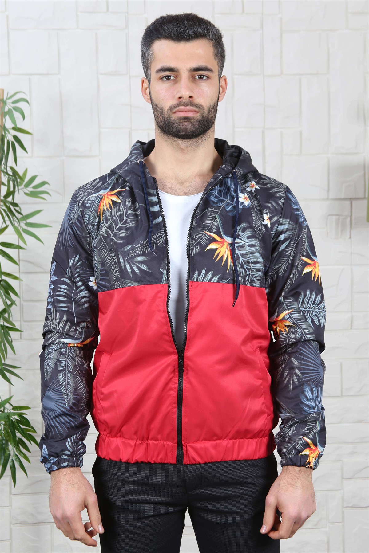 ERKEK ÇİÇEK DESEN KAPŞONLU ERKEK MEVSİMLİK MONT KIRMIZI KIRMIZI