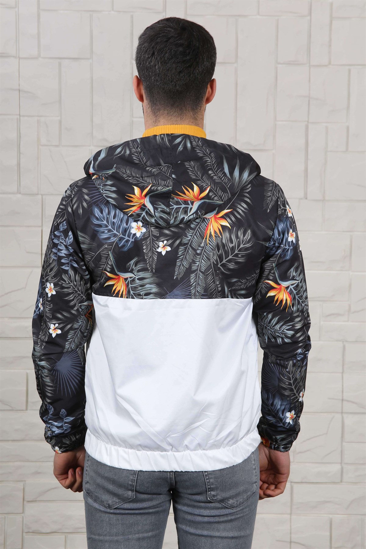 ERKEK ÇİÇEK DESEN KAPŞONLU ERKEK MEVSİMLİK MONT BEYAZ BEYAZ