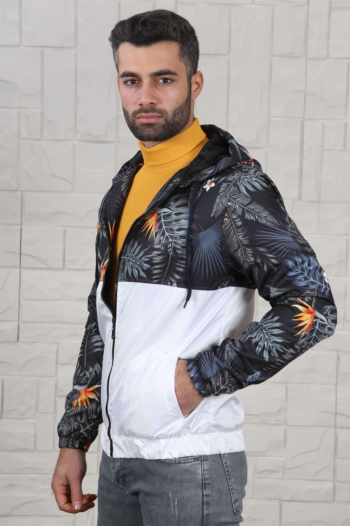 ERKEK ÇİÇEK DESEN KAPŞONLU ERKEK MEVSİMLİK MONT BEYAZ BEYAZ