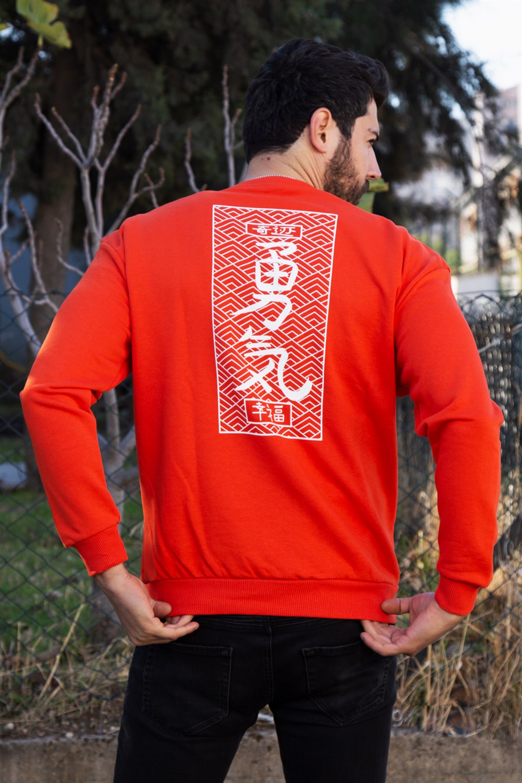ERKEK Çince Yazılı Üç İplik Sweatshirt TURUNCU SWEAT TURUNCU