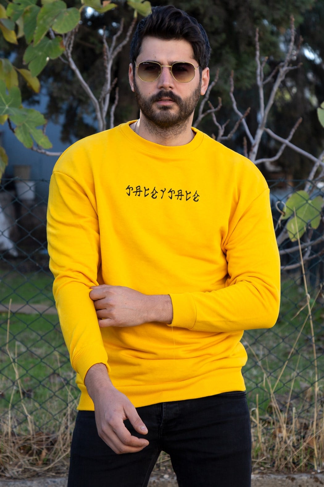 ERKEK Çince Yazılı Üç İplik Sweatshirt SARI SWEAT SARI