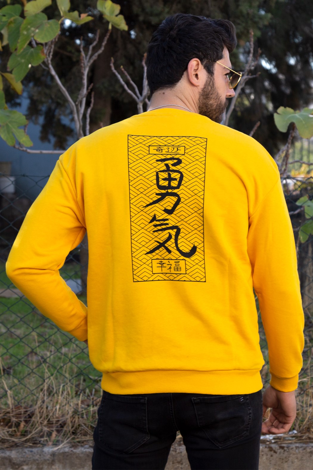 ERKEK Çince Yazılı Üç İplik Sweatshirt SARI SWEAT SARI