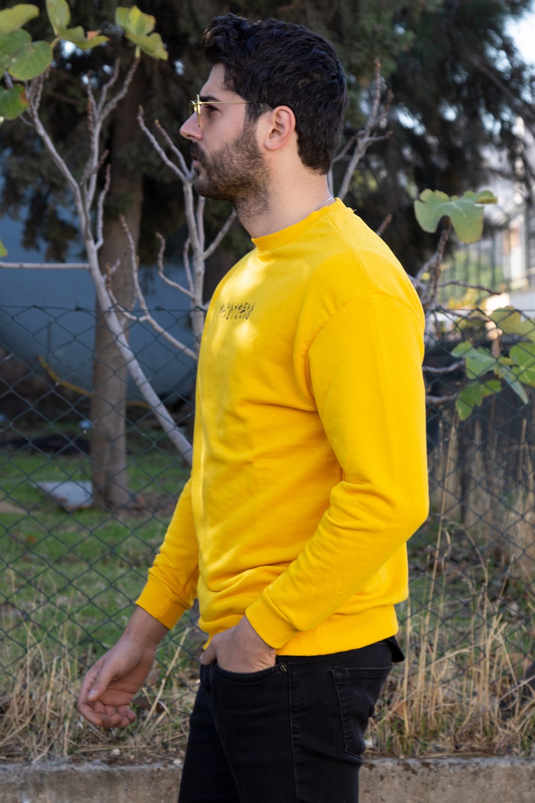 ERKEK Çince Yazılı Üç İplik Sweatshirt SARI SWEAT SARI