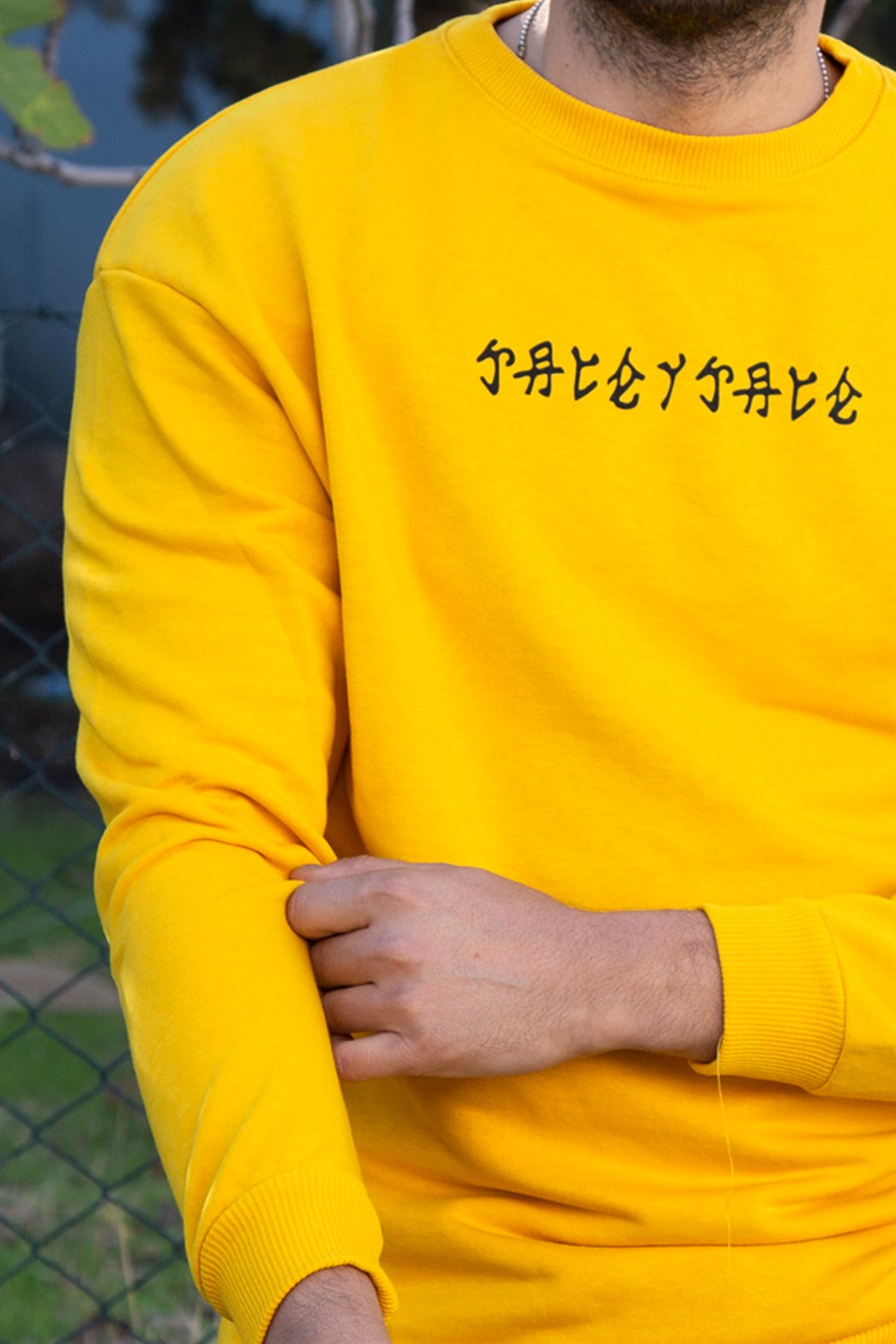 ERKEK Çince Yazılı Üç İplik Sweatshirt SARI SWEAT SARI