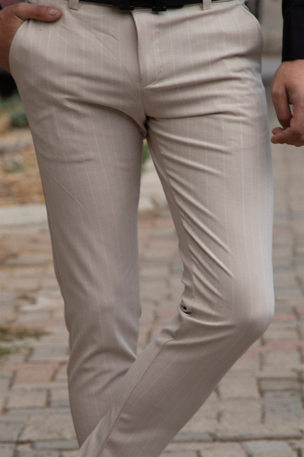 ERKEK Çizgili Yan Cep Slim Kumaş Pantolon BEJ KUAMŞ PANTLON BEJ