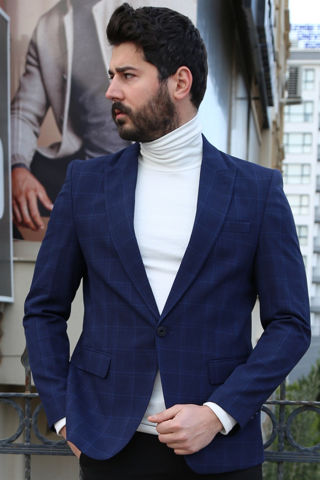 ERKEK Ekoseli Erkek Slim Blezir Ceket LACİVERT CEKET LACİVERT