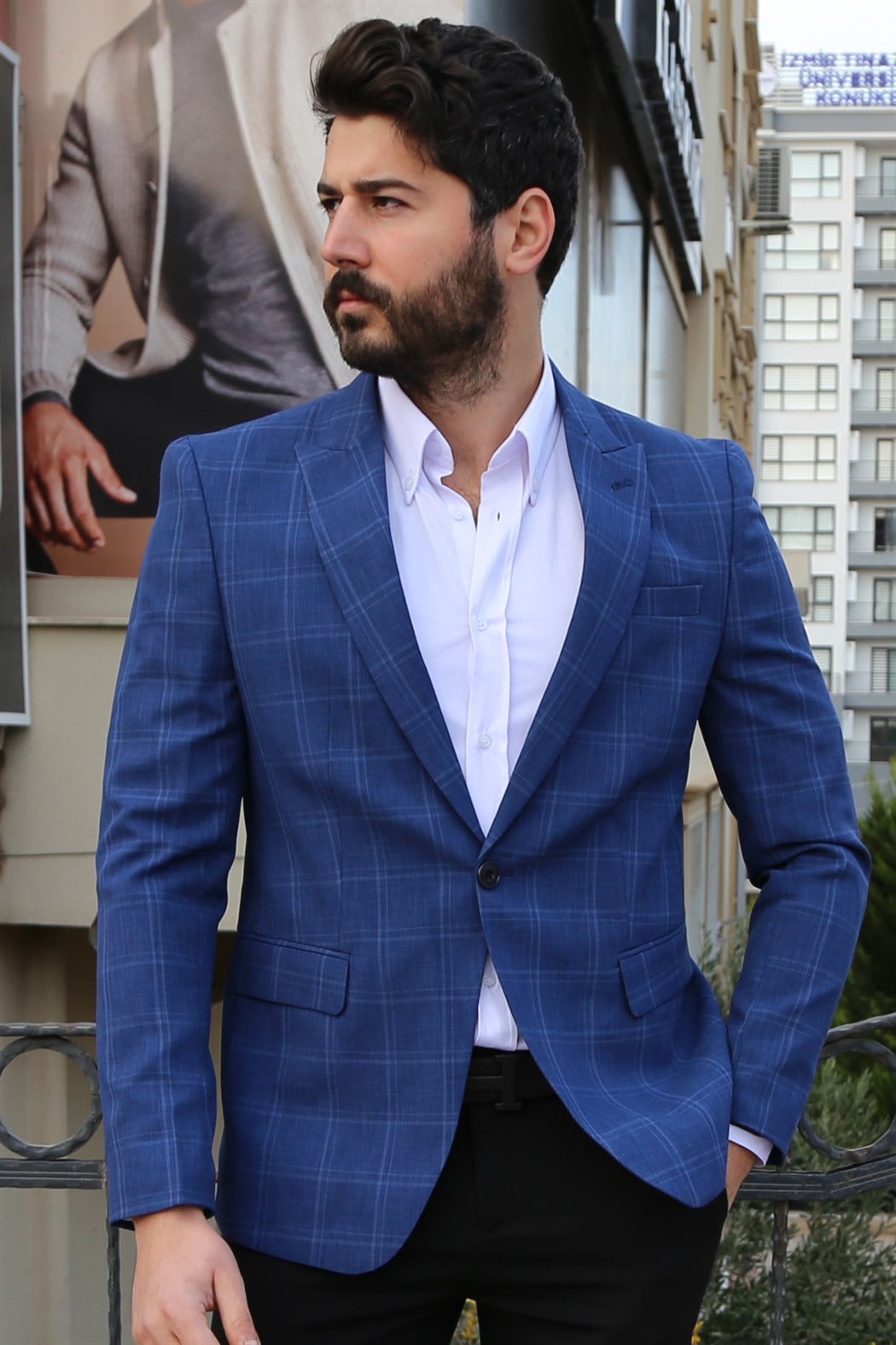 ERKEK Ekoseli Erkek Slim Blezir Ceket MAVİ CEKET MAVİ