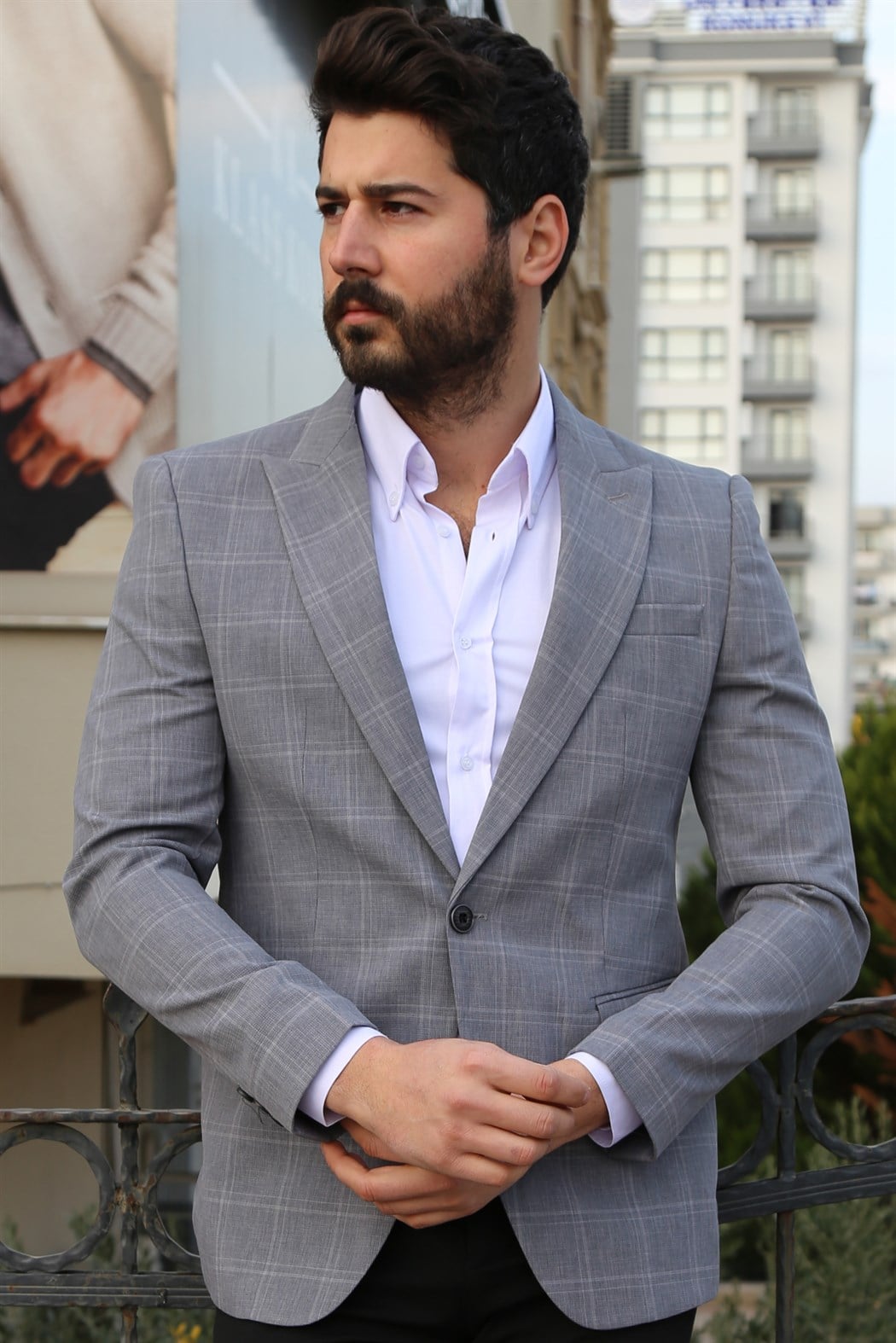 ERKEK Ekoseli Erkek Slim Blezir Ceket GRİ CEKET GRİ