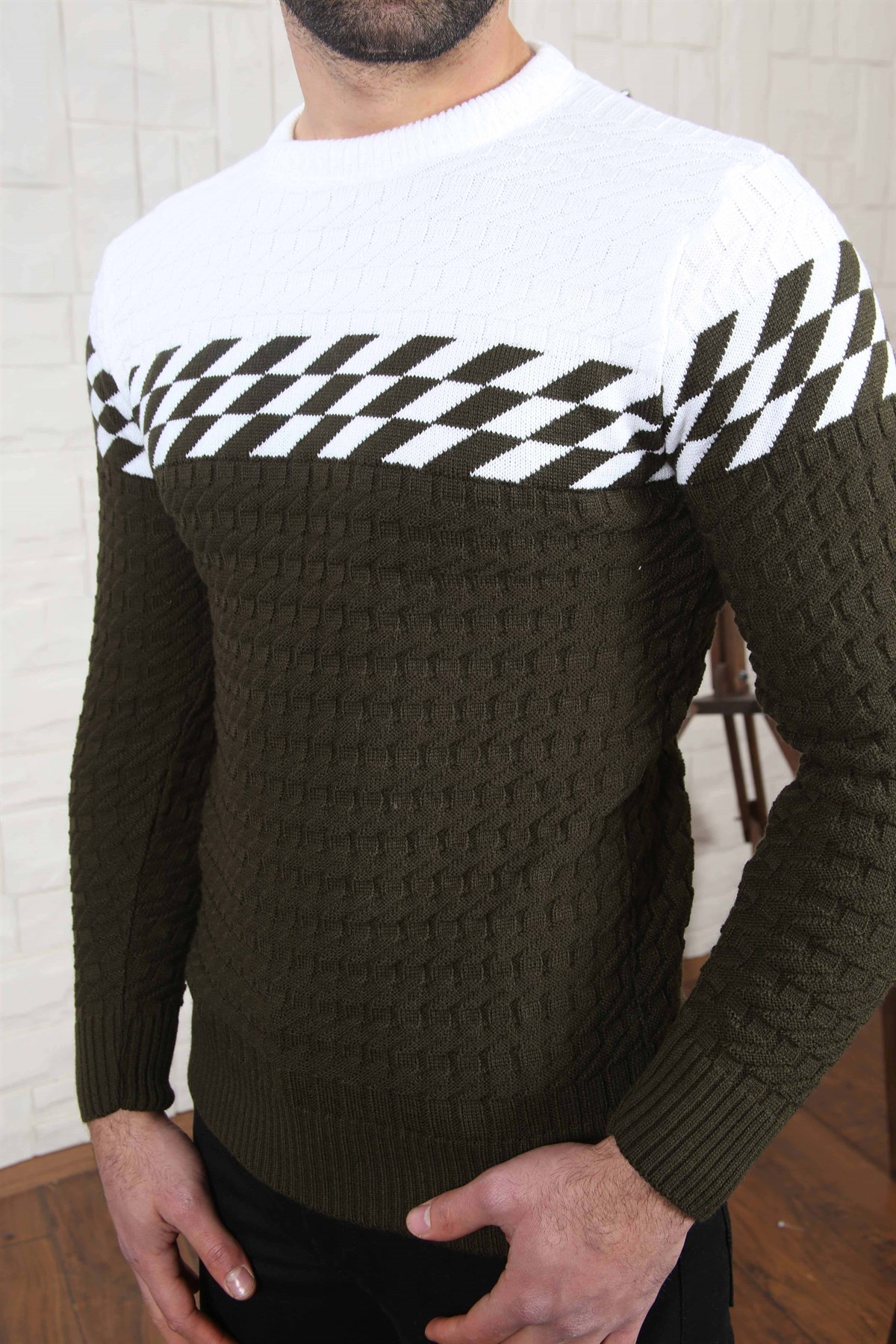 ERKEK GÖĞÜS DAMALI TRİKO KAZAK HAKİ HAKİ