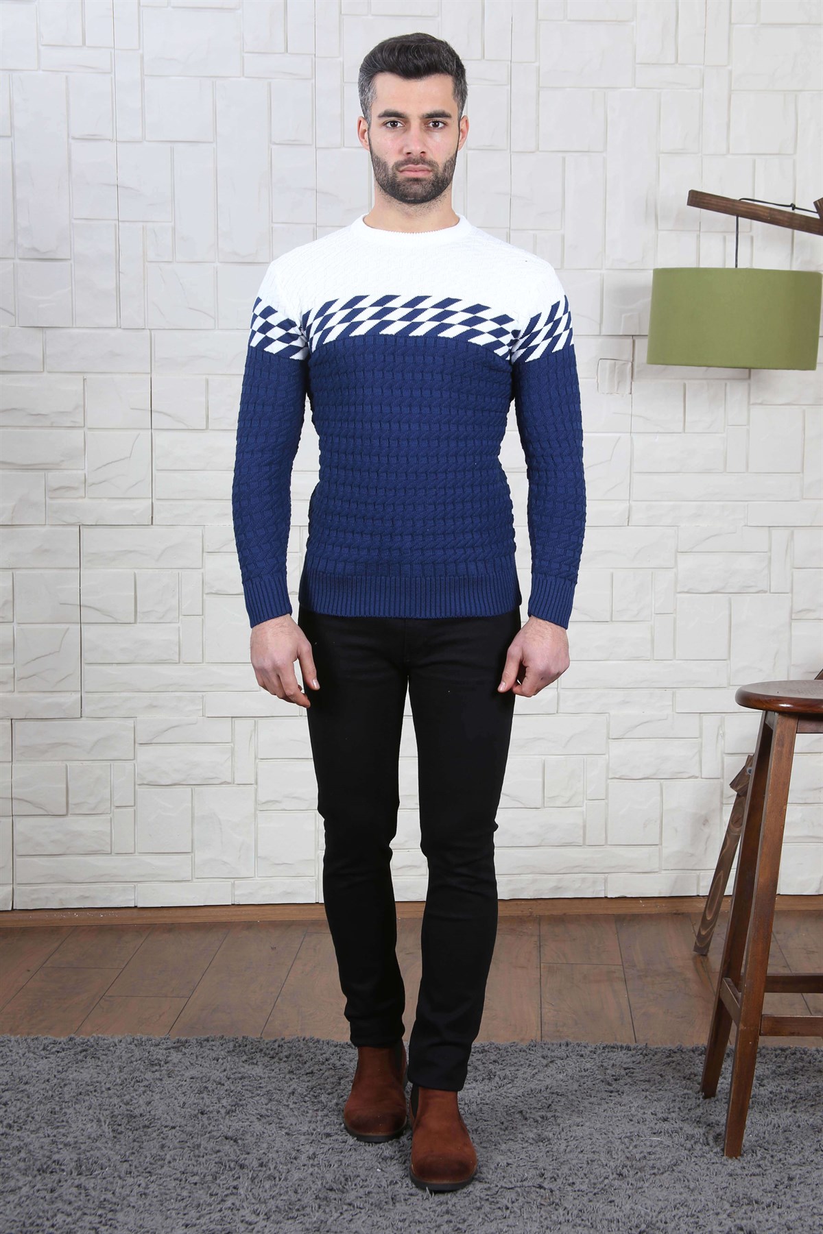 ERKEK GÖĞÜS DAMALI TRİKO KAZAK LACİVERT LACİVERT