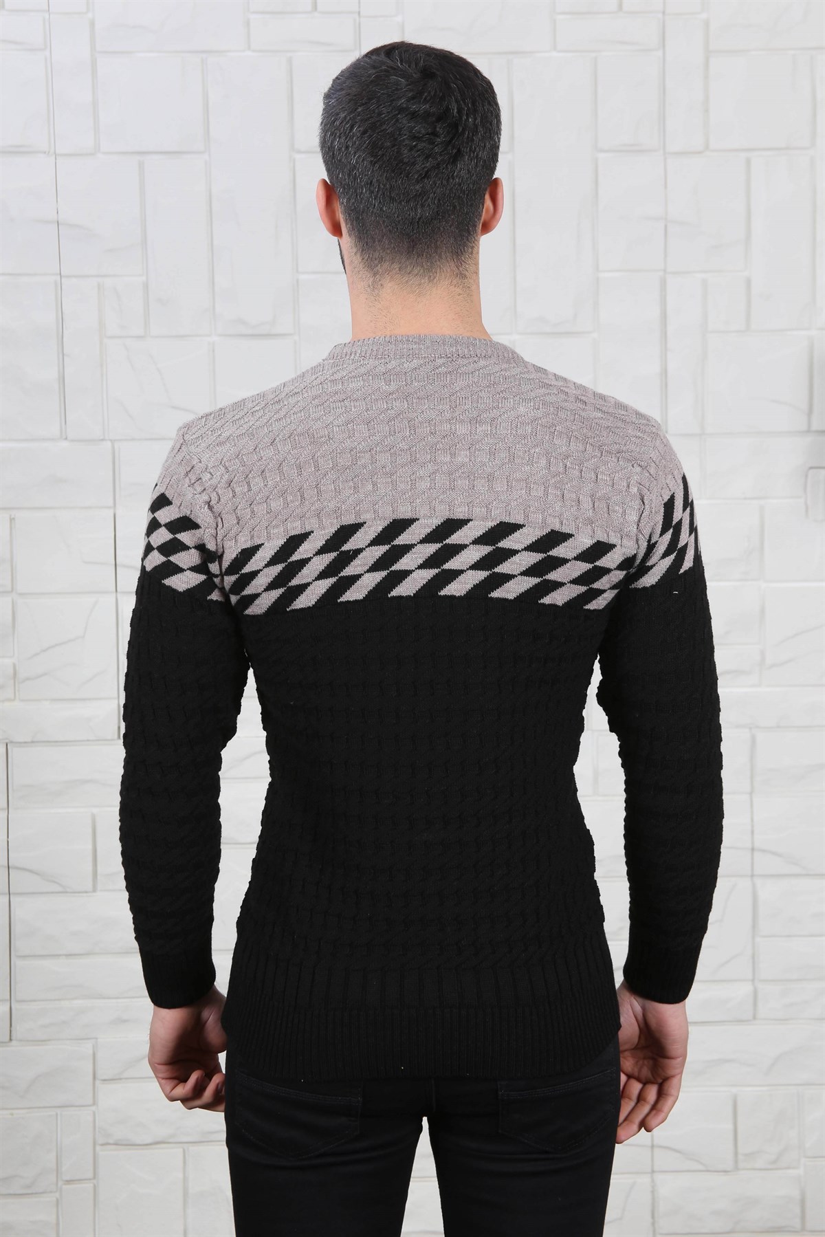 ERKEK GÖĞÜS DAMALI TRİKO KAZAK SİYAH SİYAH