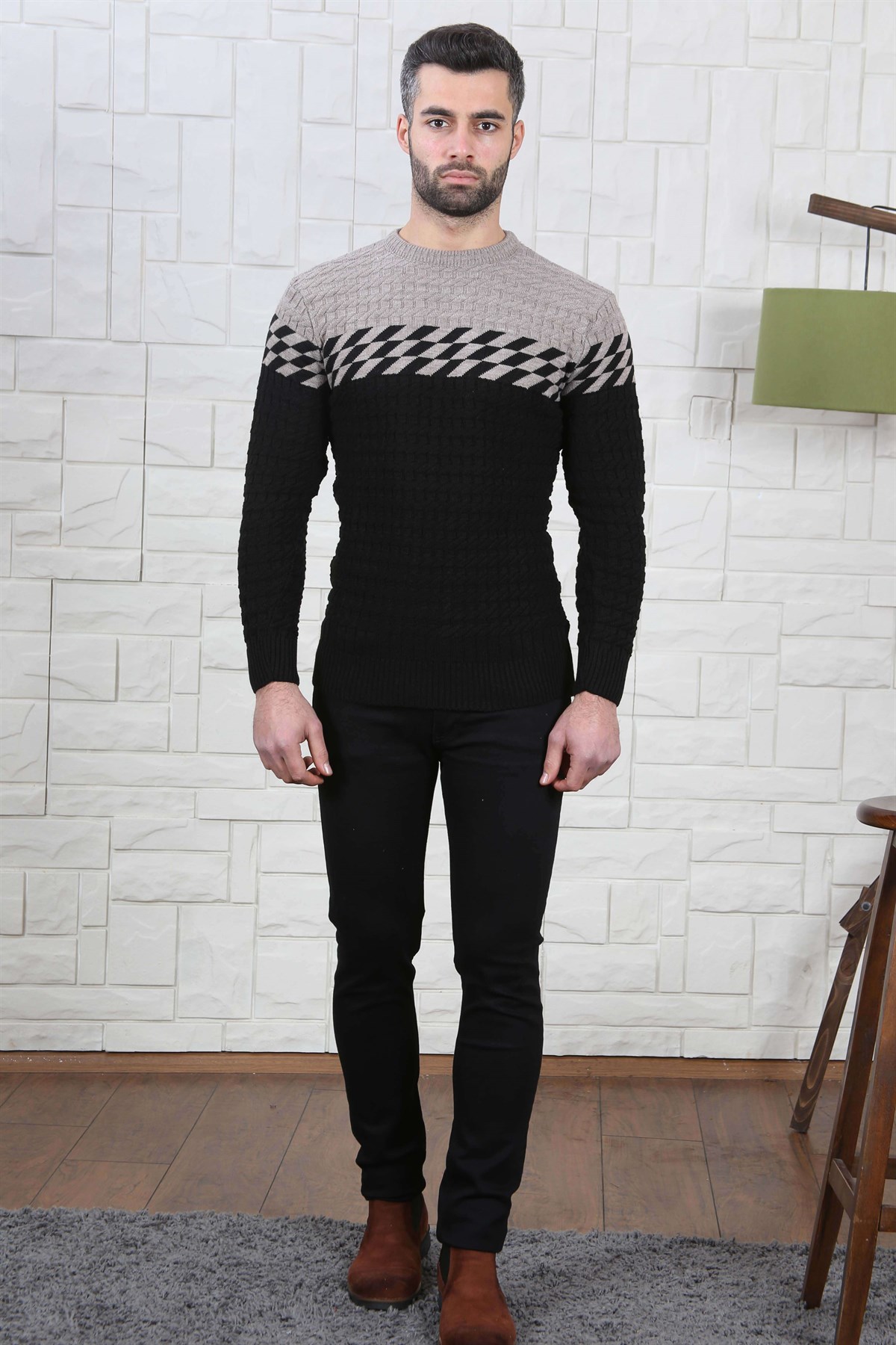 ERKEK GÖĞÜS DAMALI TRİKO KAZAK SİYAH SİYAH