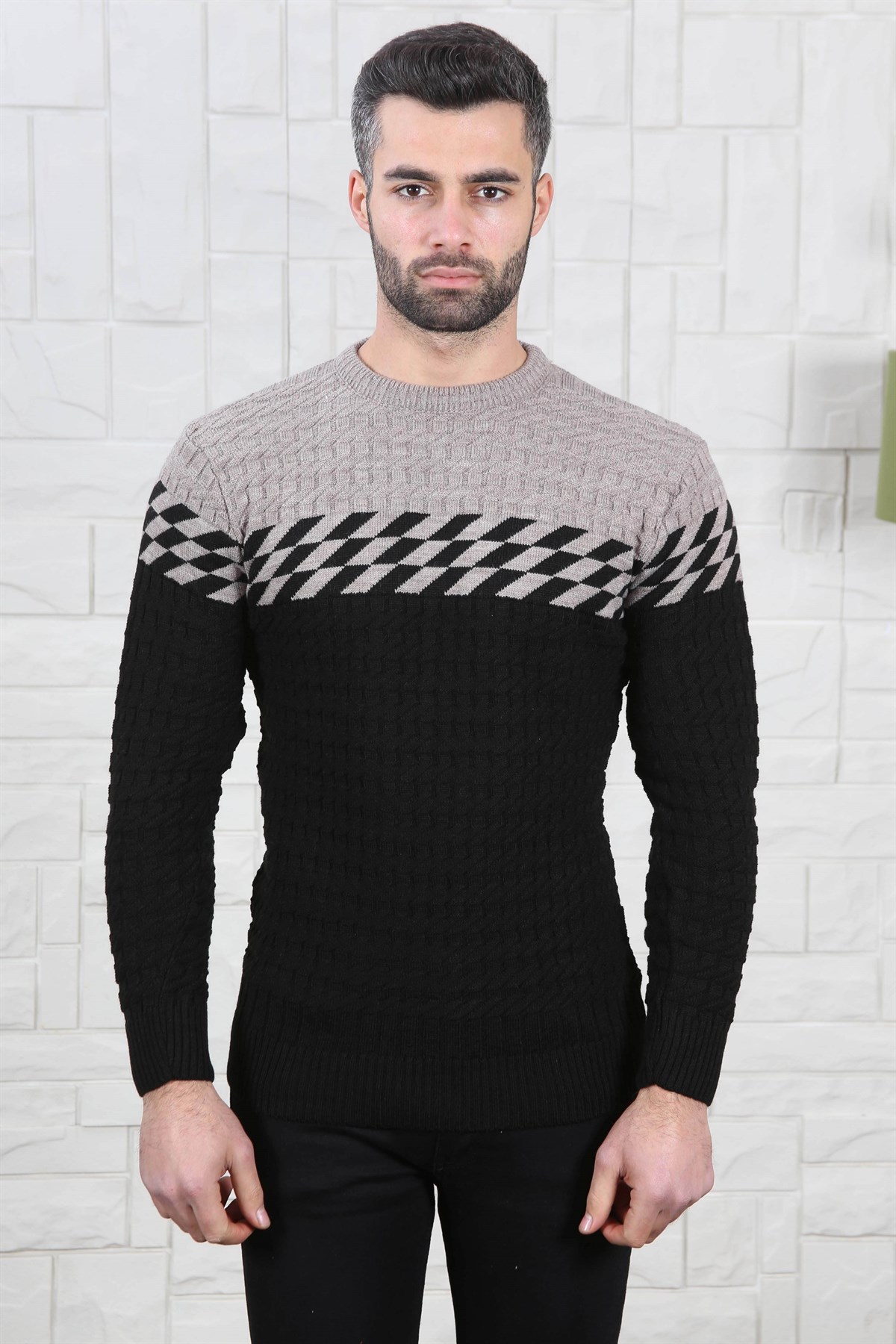 ERKEK GÖĞÜS DAMALI TRİKO KAZAK SİYAH SİYAH