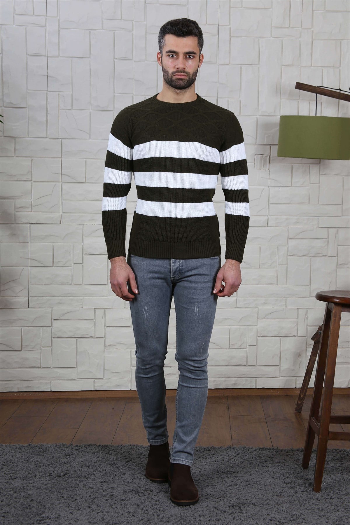 ERKEK KALIN ÇİZGİLİ TRİKO KAZAK HAKİ HAKİ
