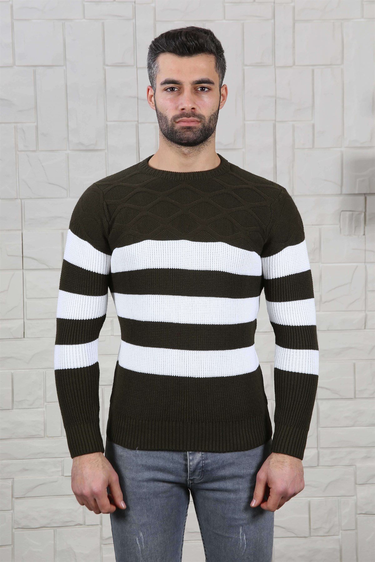 ERKEK KALIN ÇİZGİLİ TRİKO KAZAK HAKİ HAKİ