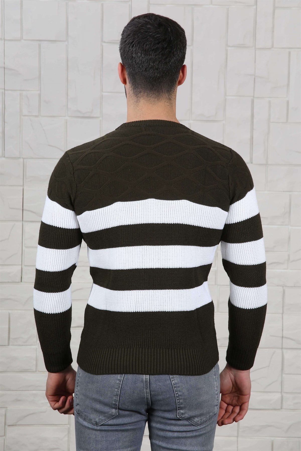 ERKEK KALIN ÇİZGİLİ TRİKO KAZAK HAKİ HAKİ