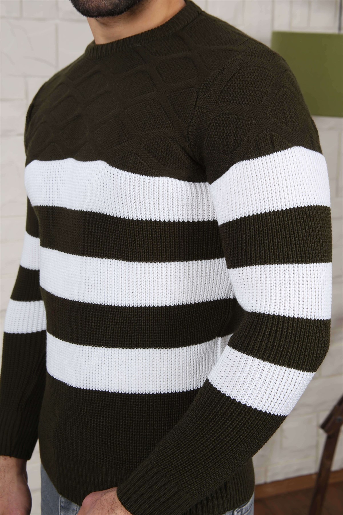 ERKEK KALIN ÇİZGİLİ TRİKO KAZAK HAKİ HAKİ