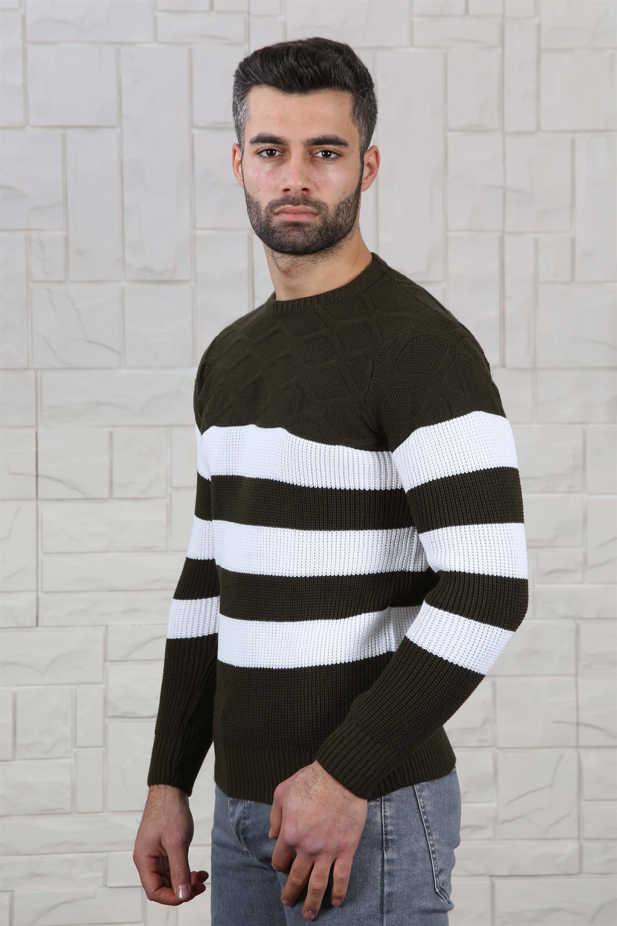 ERKEK KALIN ÇİZGİLİ TRİKO KAZAK HAKİ HAKİ