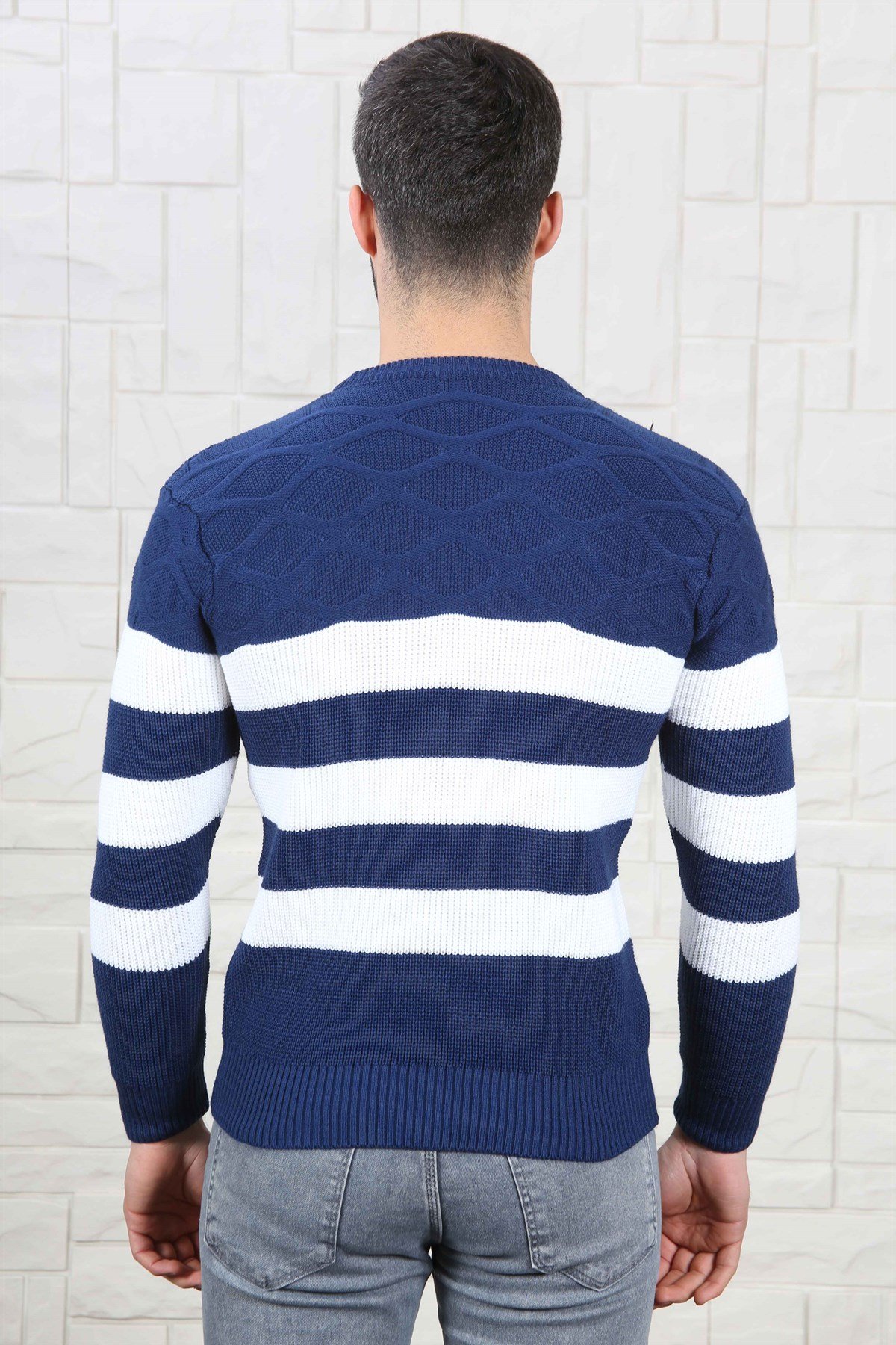 ERKEK KALIN ÇİZGİLİ TRİKO KAZAK LACİVERT LACİVERT