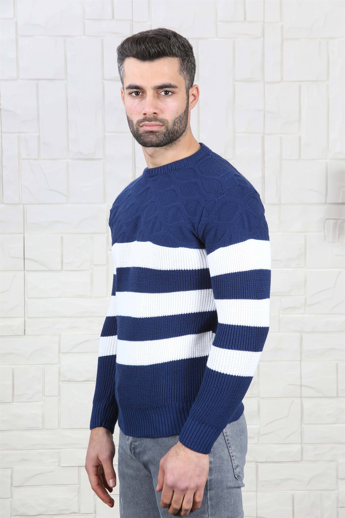 ERKEK KALIN ÇİZGİLİ TRİKO KAZAK LACİVERT LACİVERT