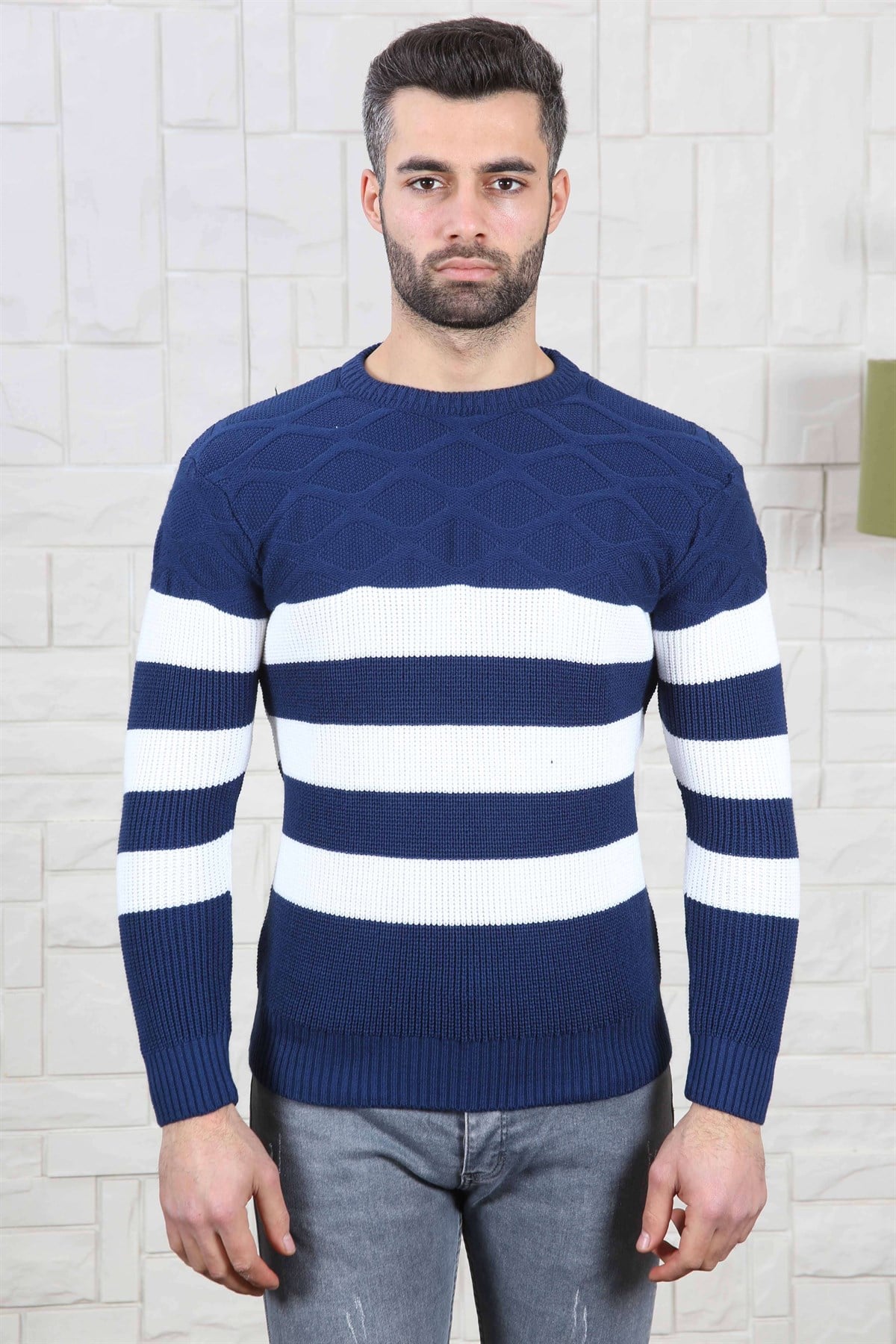 ERKEK KALIN ÇİZGİLİ TRİKO KAZAK LACİVERT LACİVERT