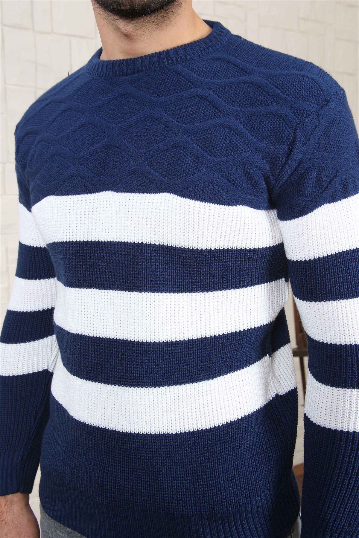 ERKEK KALIN ÇİZGİLİ TRİKO KAZAK LACİVERT LACİVERT