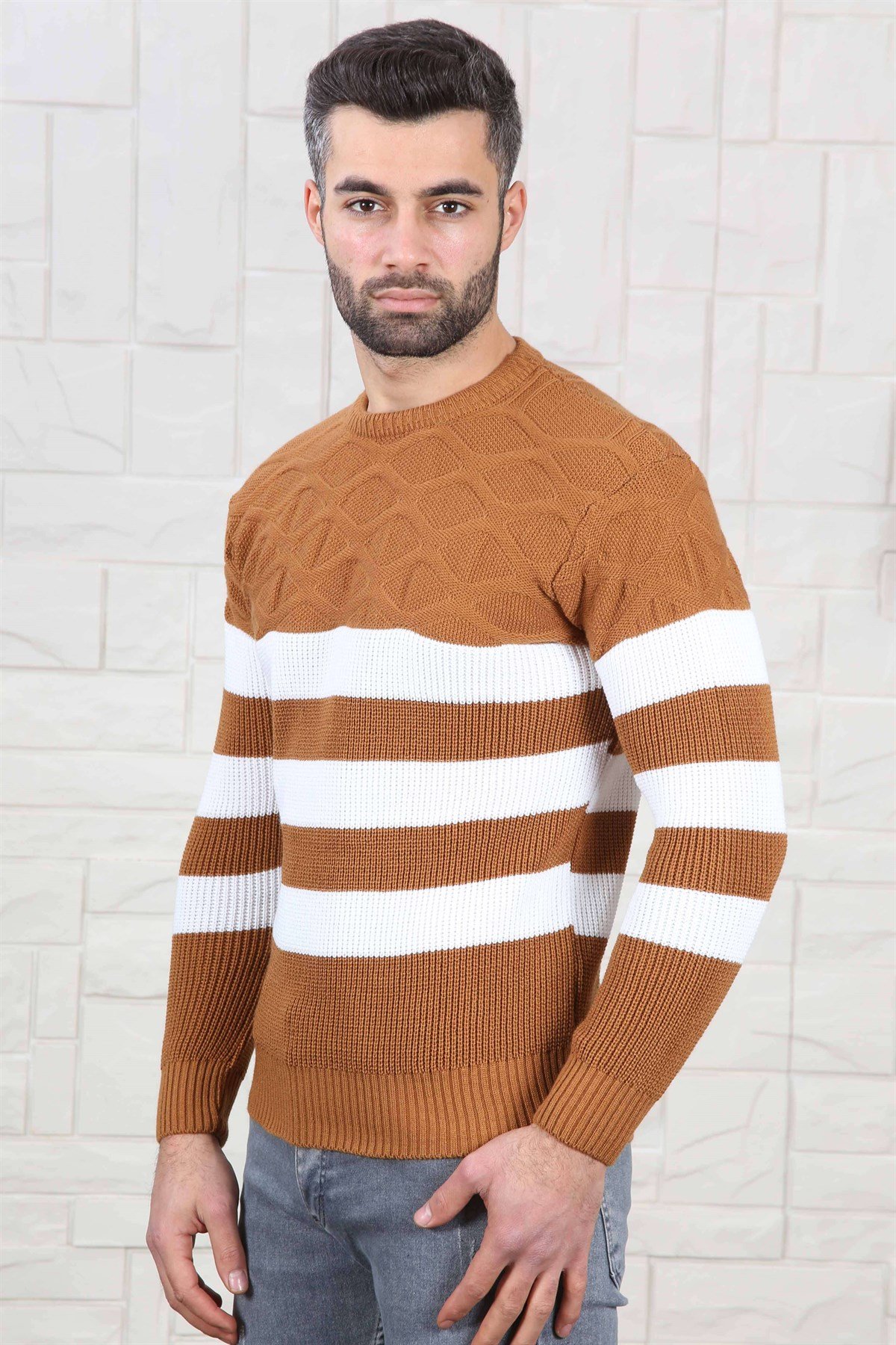 ERKEK KALIN ÇİZGİLİ TRİKO KAZAK TABA TABA