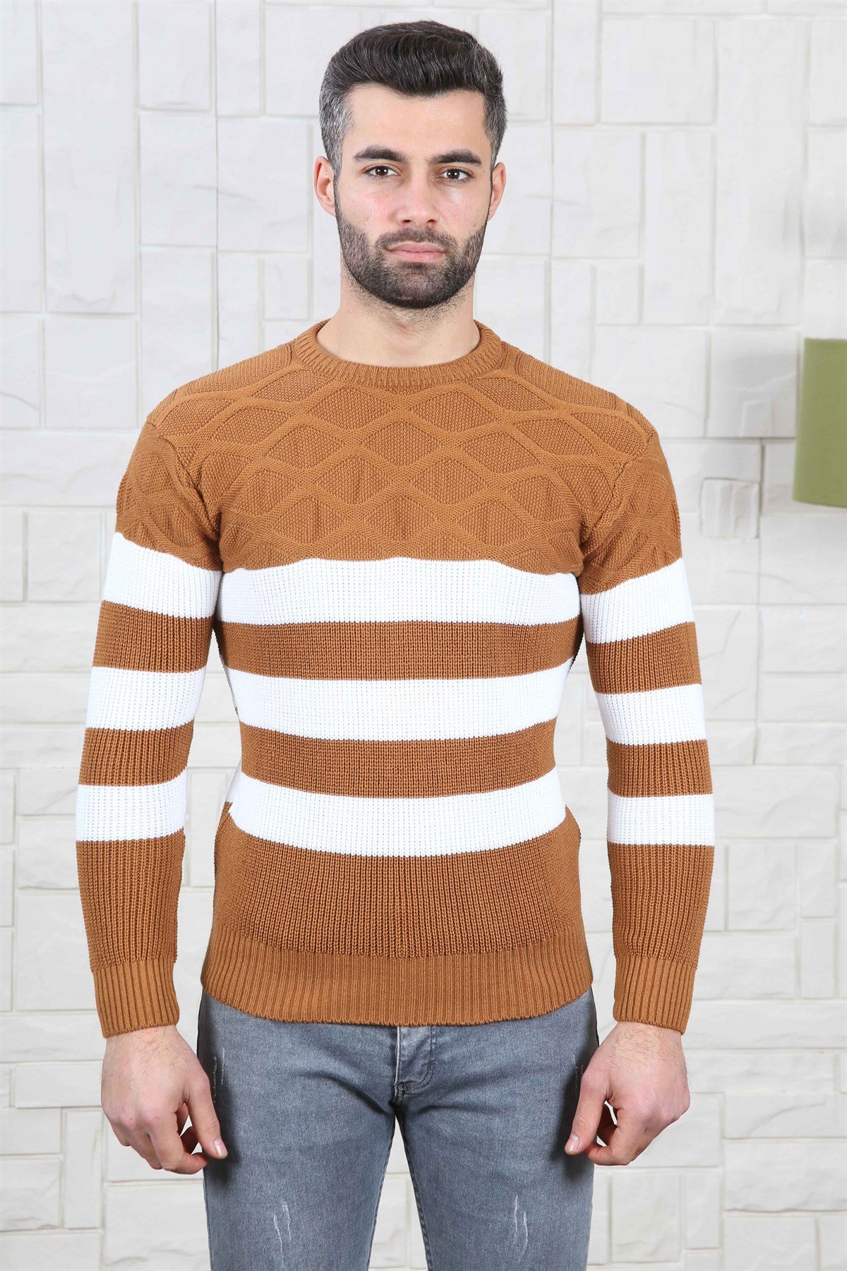 ERKEK KALIN ÇİZGİLİ TRİKO KAZAK TABA TABA