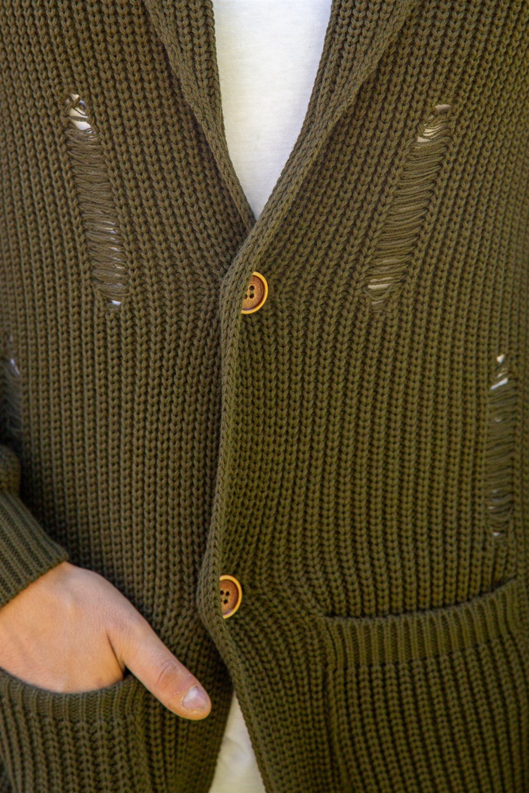 ERKEK Kalın Yırtıklı Hırka HAKİ YEŞİL Hırka HAKİ YEŞİL