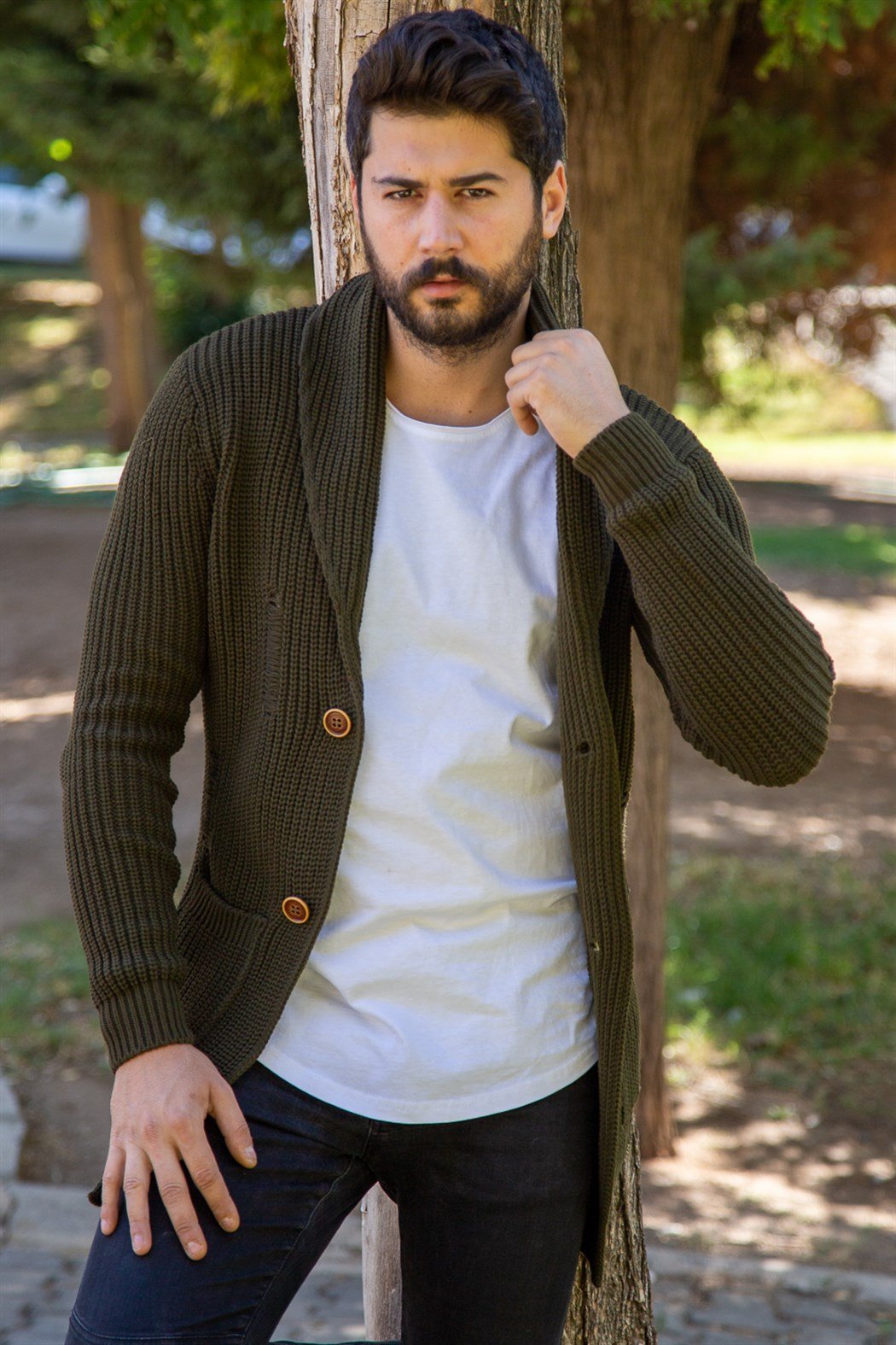 ERKEK Kalın Yırtıklı Hırka HAKİ YEŞİL Hırka HAKİ YEŞİL