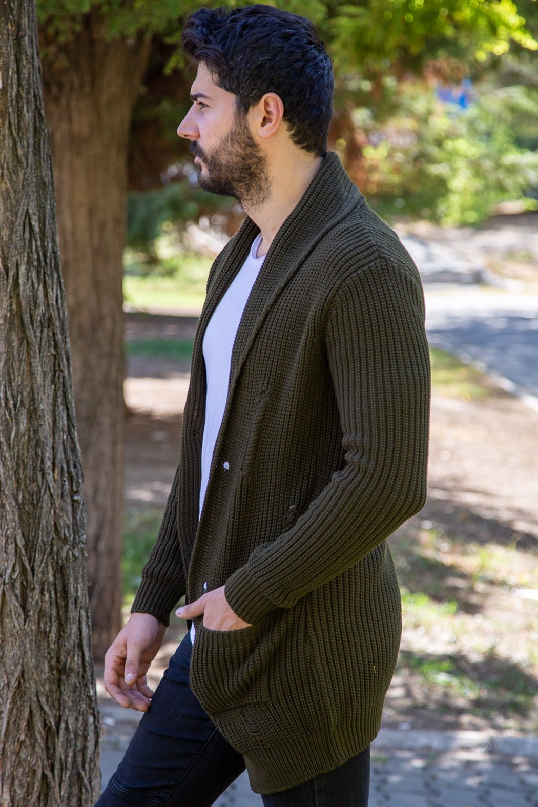 ERKEK Kalın Yırtıklı Hırka HAKİ YEŞİL Hırka HAKİ YEŞİL