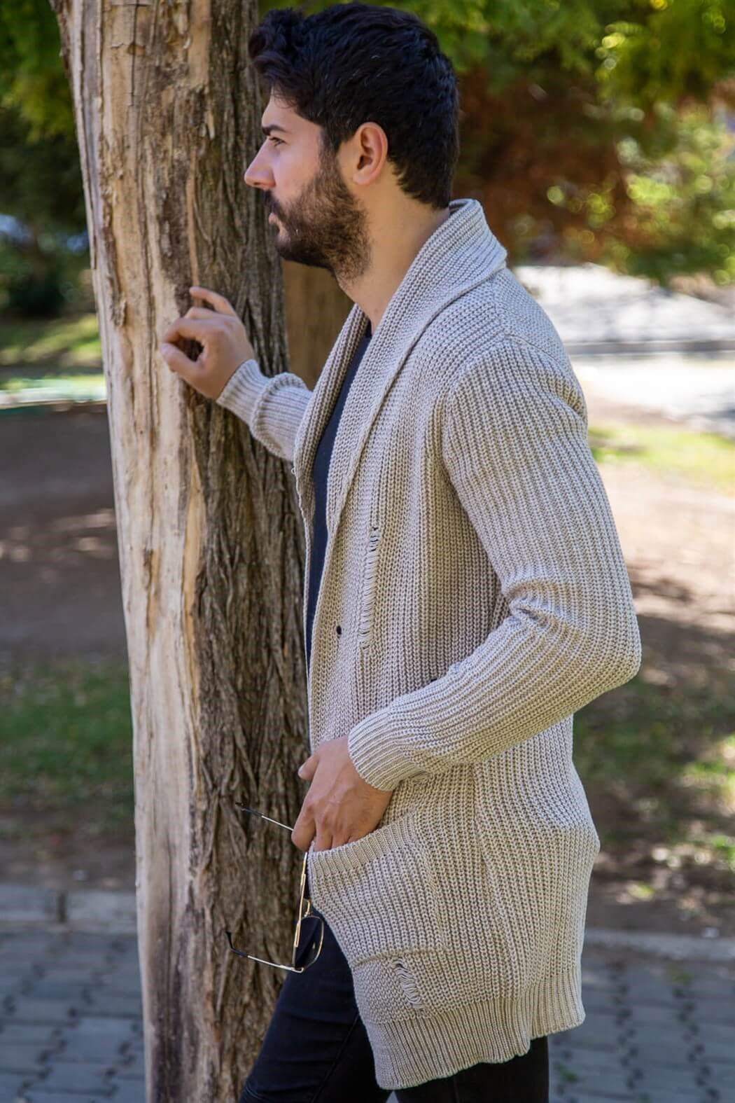 ERKEK Kalın Yırtıklı Hırka TAŞ Hırka TAŞ