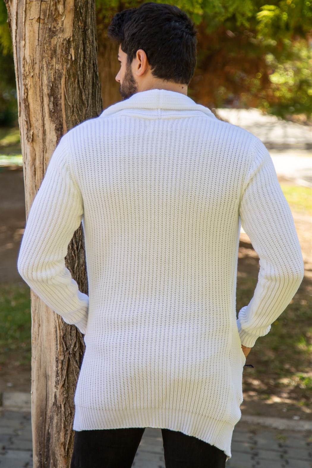 ERKEK Kalın Yırtıklı Örme Hırka BEYAZ Hırka BEYAZ