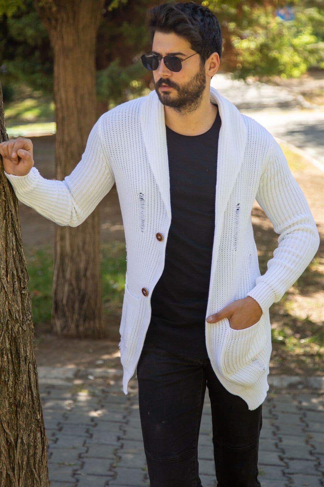 ERKEK Kalın Yırtıklı Örme Hırka BEYAZ Hırka BEYAZ