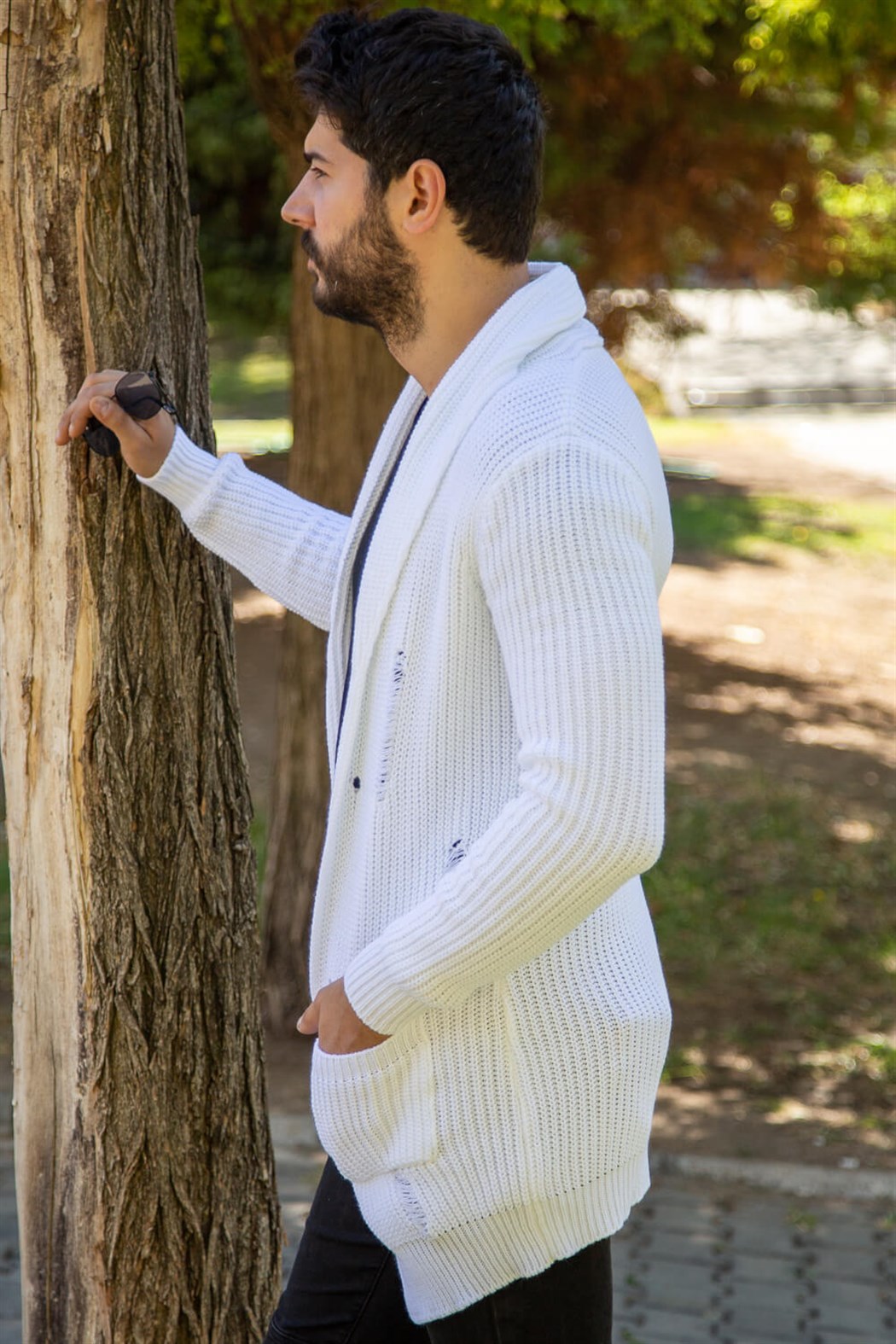 ERKEK Kalın Yırtıklı Örme Hırka BEYAZ Hırka BEYAZ