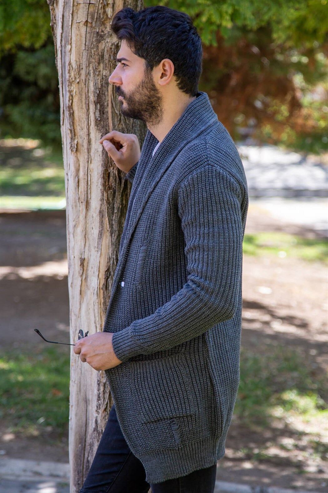 ERKEK Kalın Yırtıklı Örme Hırka FÜME Hırka FÜME