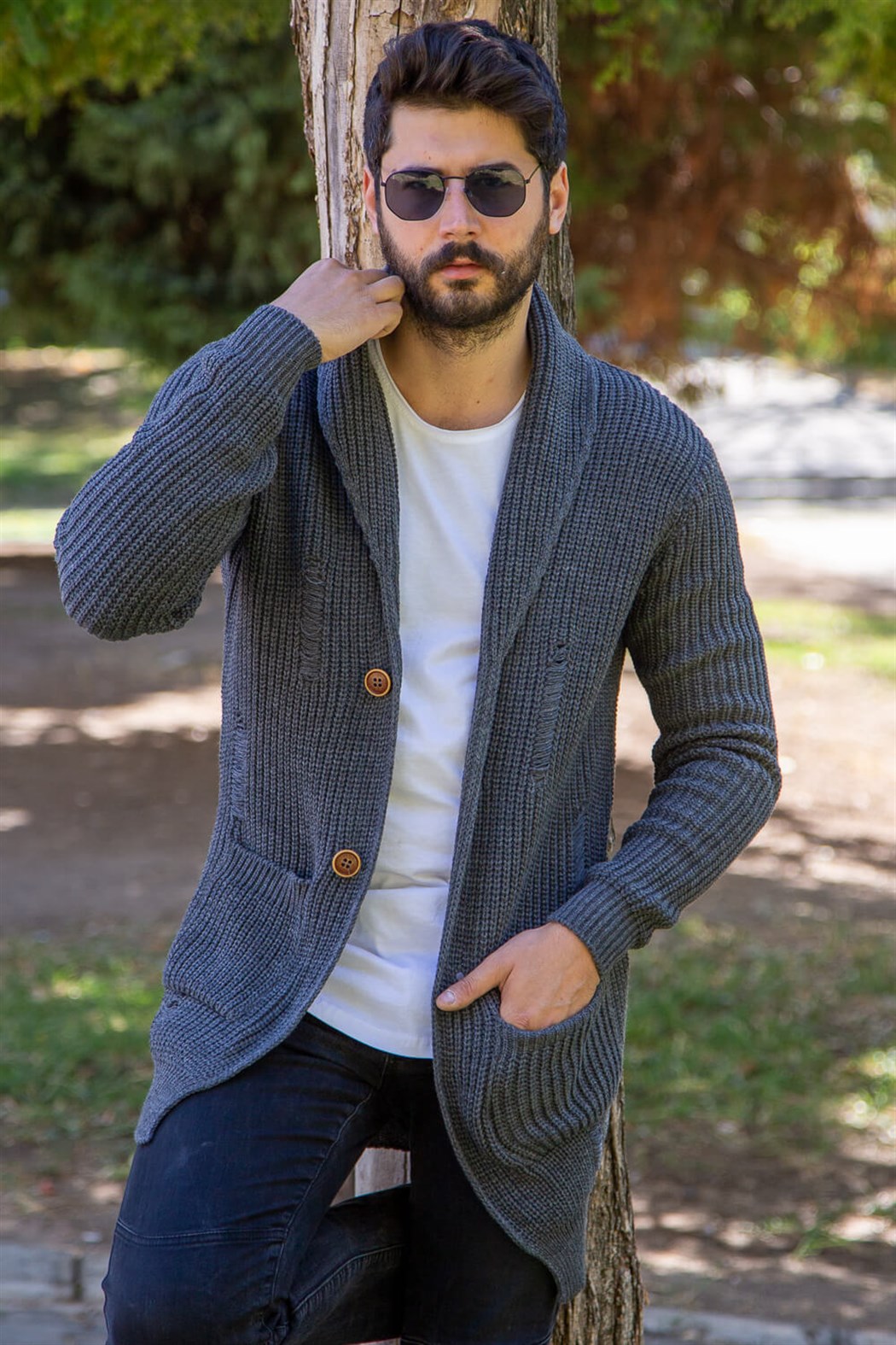 ERKEK Kalın Yırtıklı Örme Hırka FÜME Hırka FÜME