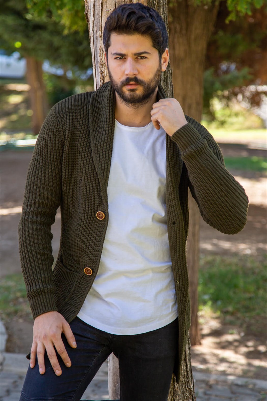 ERKEK Kalın Yırtıklı Örme Hırka HAKİ YEŞİL Hırka HAKİ YEŞİL