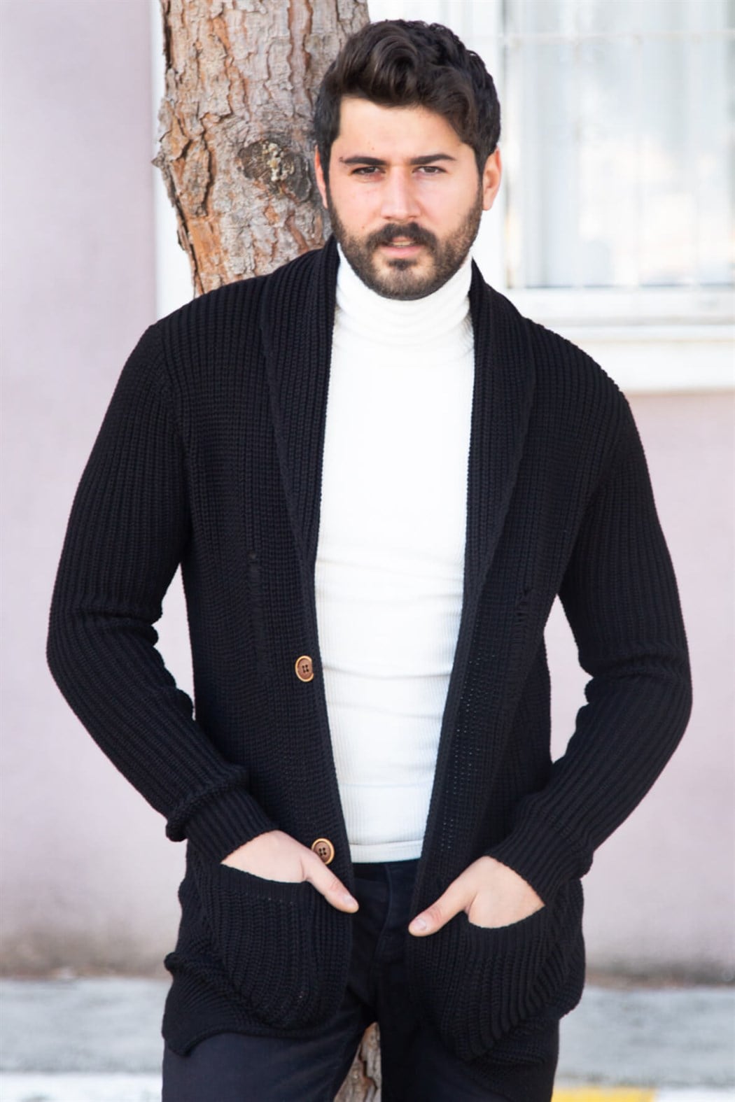 ERKEK Kalın Yırtıklı Örme Hırka SİYAH Hırka SİYAH