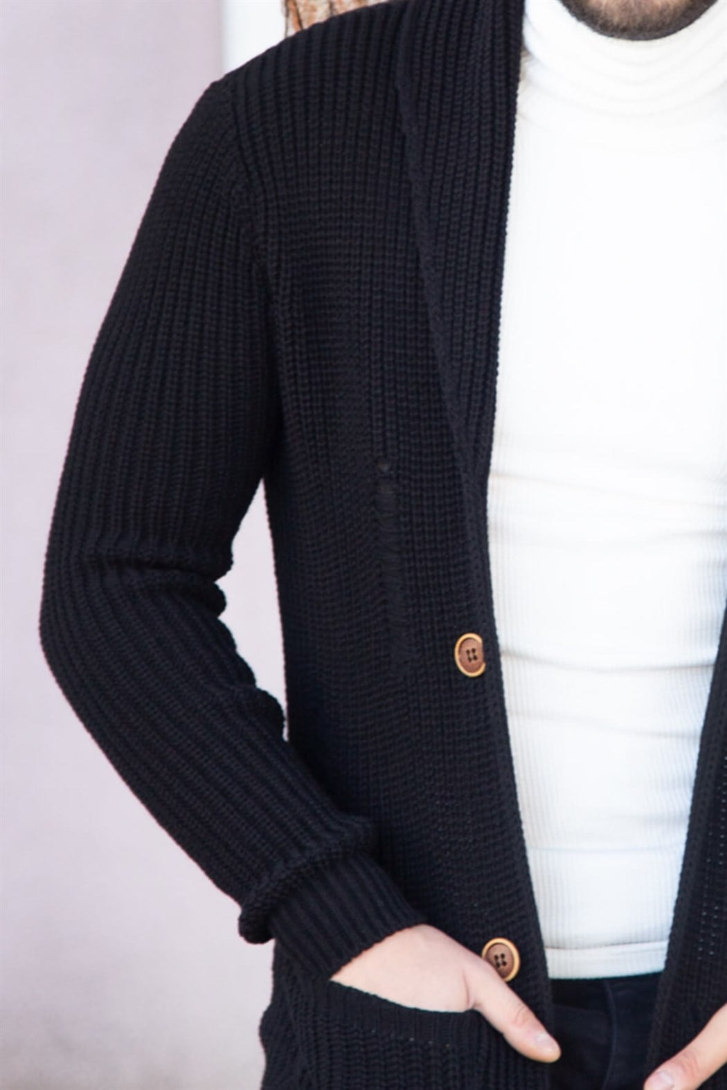 ERKEK Kalın Yırtıklı Örme Hırka SİYAH Hırka SİYAH