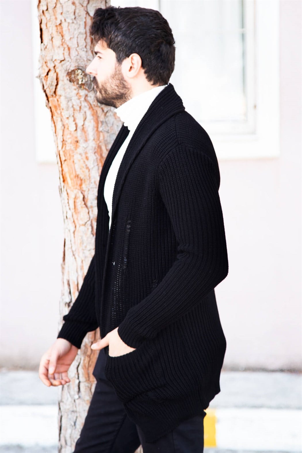 ERKEK Kalın Yırtıklı Örme Hırka SİYAH Hırka SİYAH