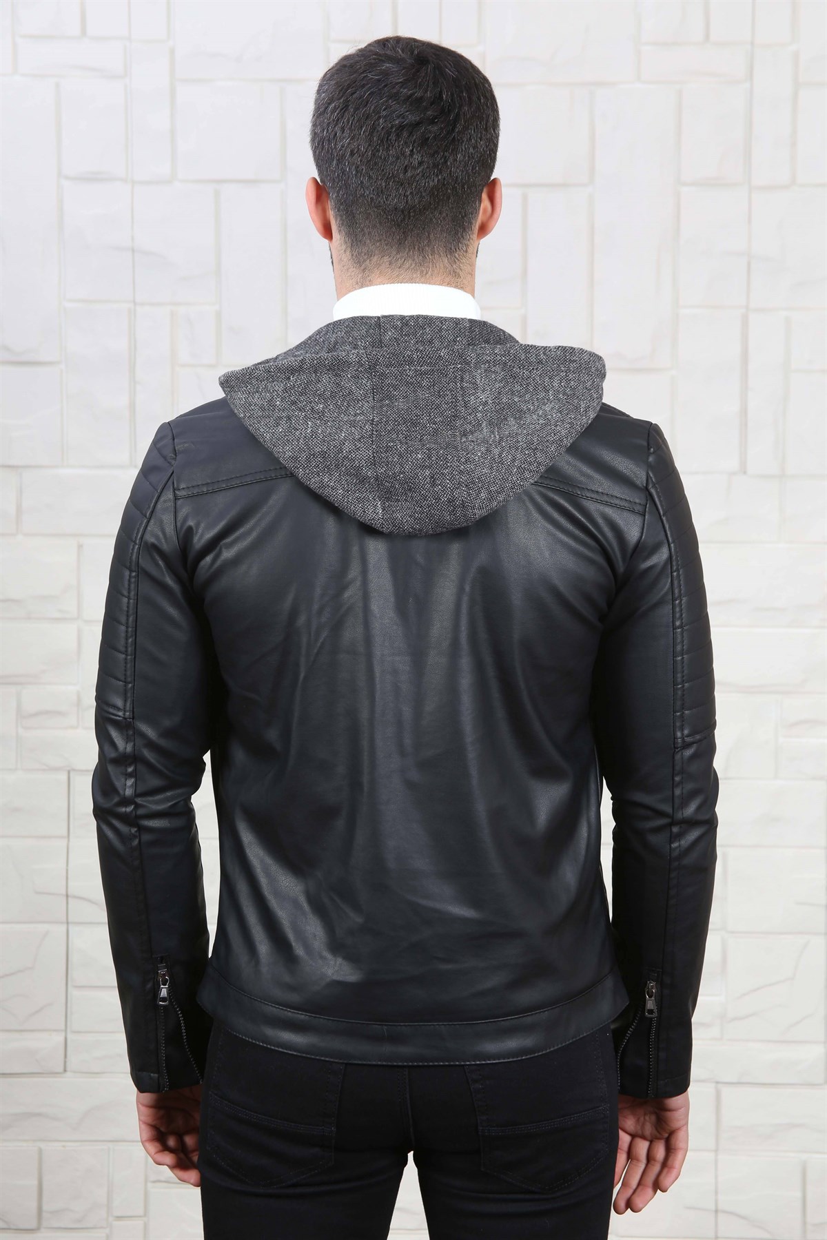 ERKEK KAPŞONLU DERİ ERKEK MONT SİYAH Deri Mont SİYAH