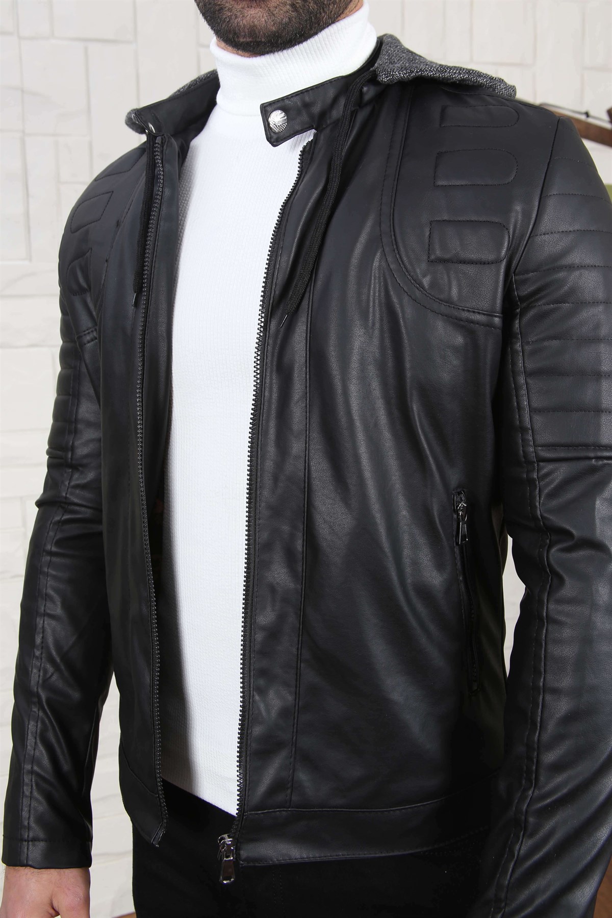 ERKEK KAPŞONLU DERİ ERKEK MONT SİYAH Deri Mont SİYAH