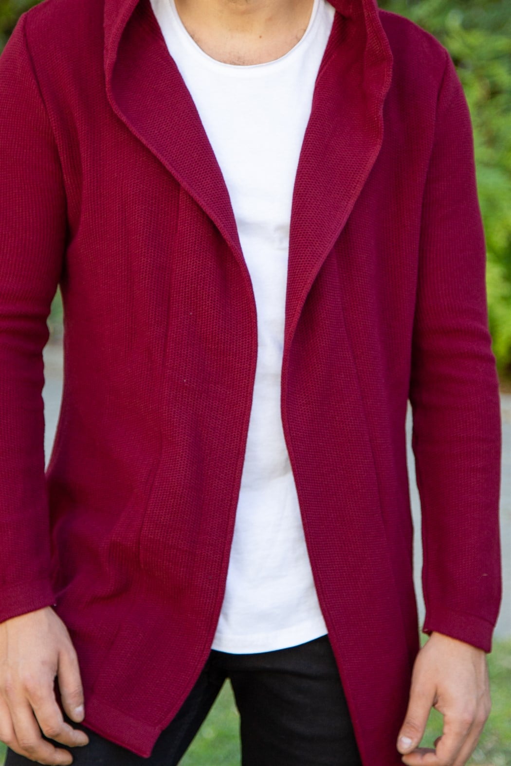 ERKEK KAPŞONLU İNCE ÖRME HIRKA BORDO Hırka BORDO