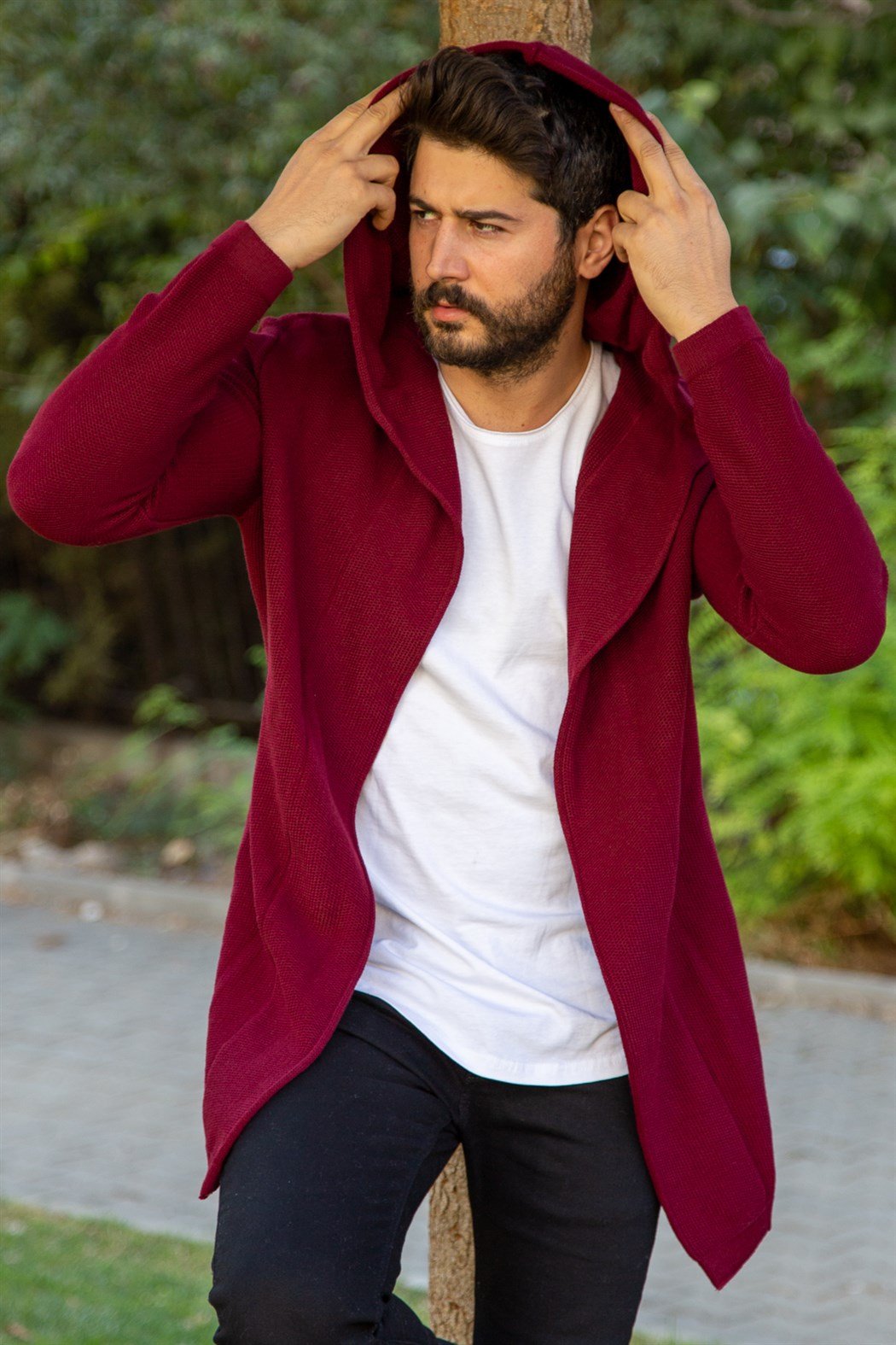 ERKEK KAPŞONLU İNCE ÖRME HIRKA BORDO Hırka BORDO