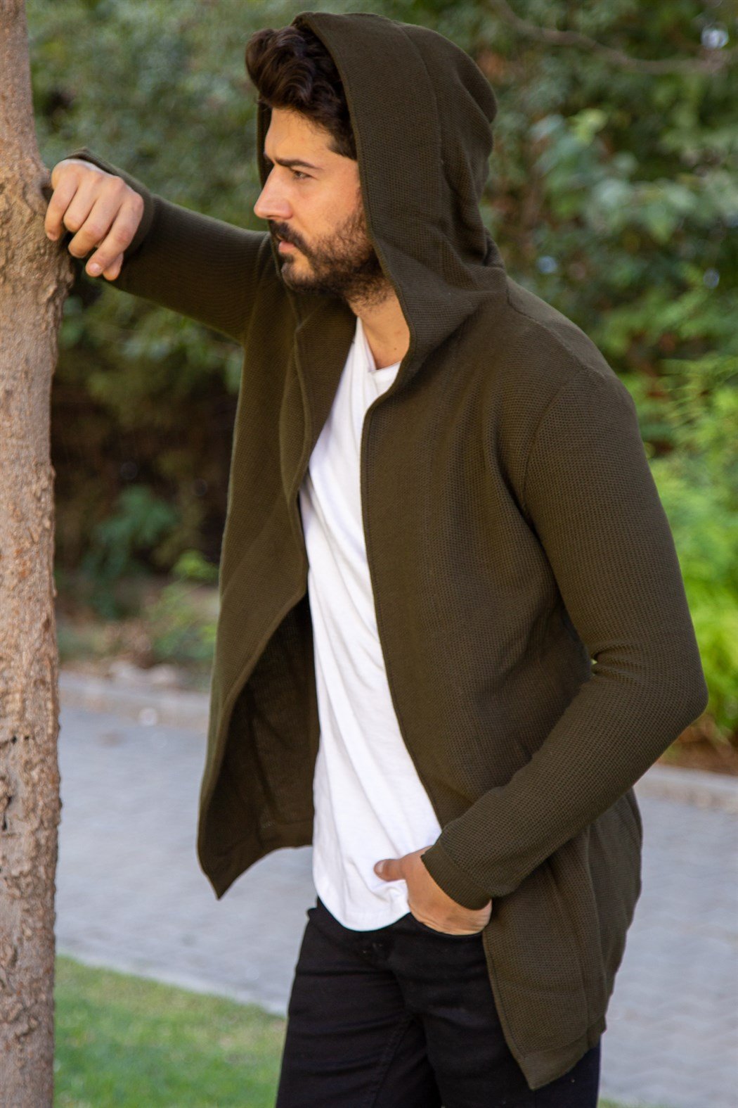 ERKEK KAPŞONLU İNCE ÖRME HIRKA HAKİ YEŞİL Hırka HAKİ YEŞİL